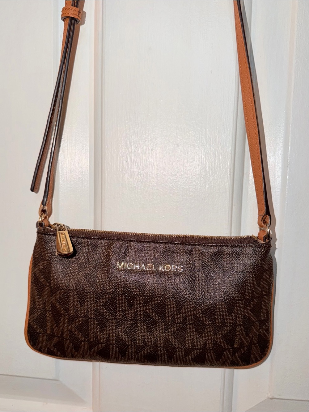 MICHAEL Michael Kors Dark Brown Logo Crossbody with Tan Strap